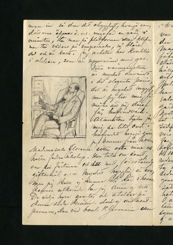 Bild av handskrivet papper med en skiss av en person som sitter i en fåtölj.