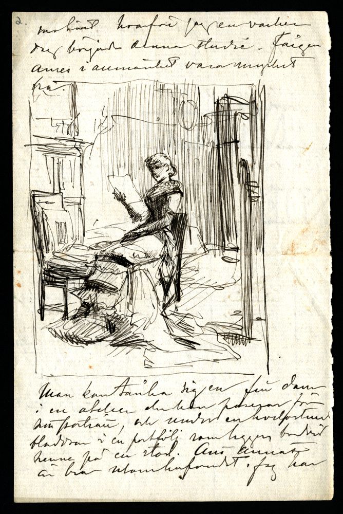 En skiss av en ung kvinna som läser.