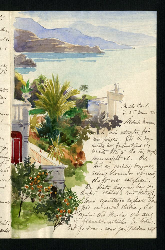 Ett handskrivet brev med en färgteckning av ett landskap.