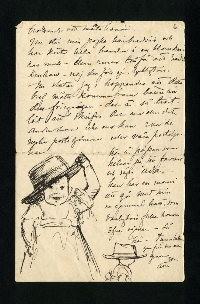 Bild av ett handskrivet brev med skiss av ett barn med en stor hatt.