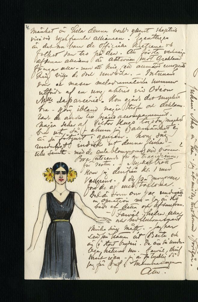 Bild av handskrivet brev med en färgskiss av kvinna i svart klänning och gula blommor i håret.